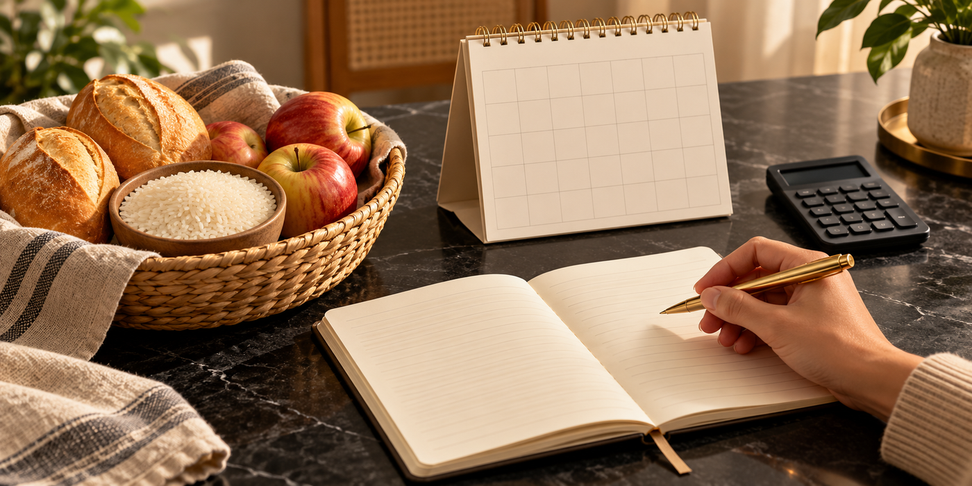Cesta com alimentos ao lado de caderno, calendário sem datas e calculadora sobre uma mesa escura.