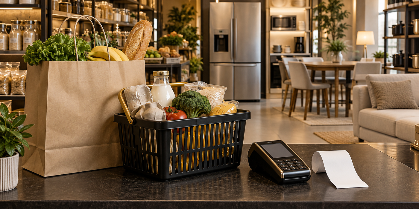 Sacola e cesta com alimentos diante de eletrodomésticos e móveis, com terminal de pagamento e recibo sem valores.