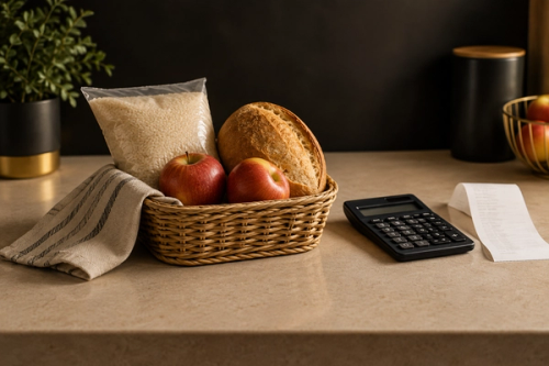 Cesta com arroz, pão e maçãs ao lado de calculadora e recibo, representando o orçamento doméstico.