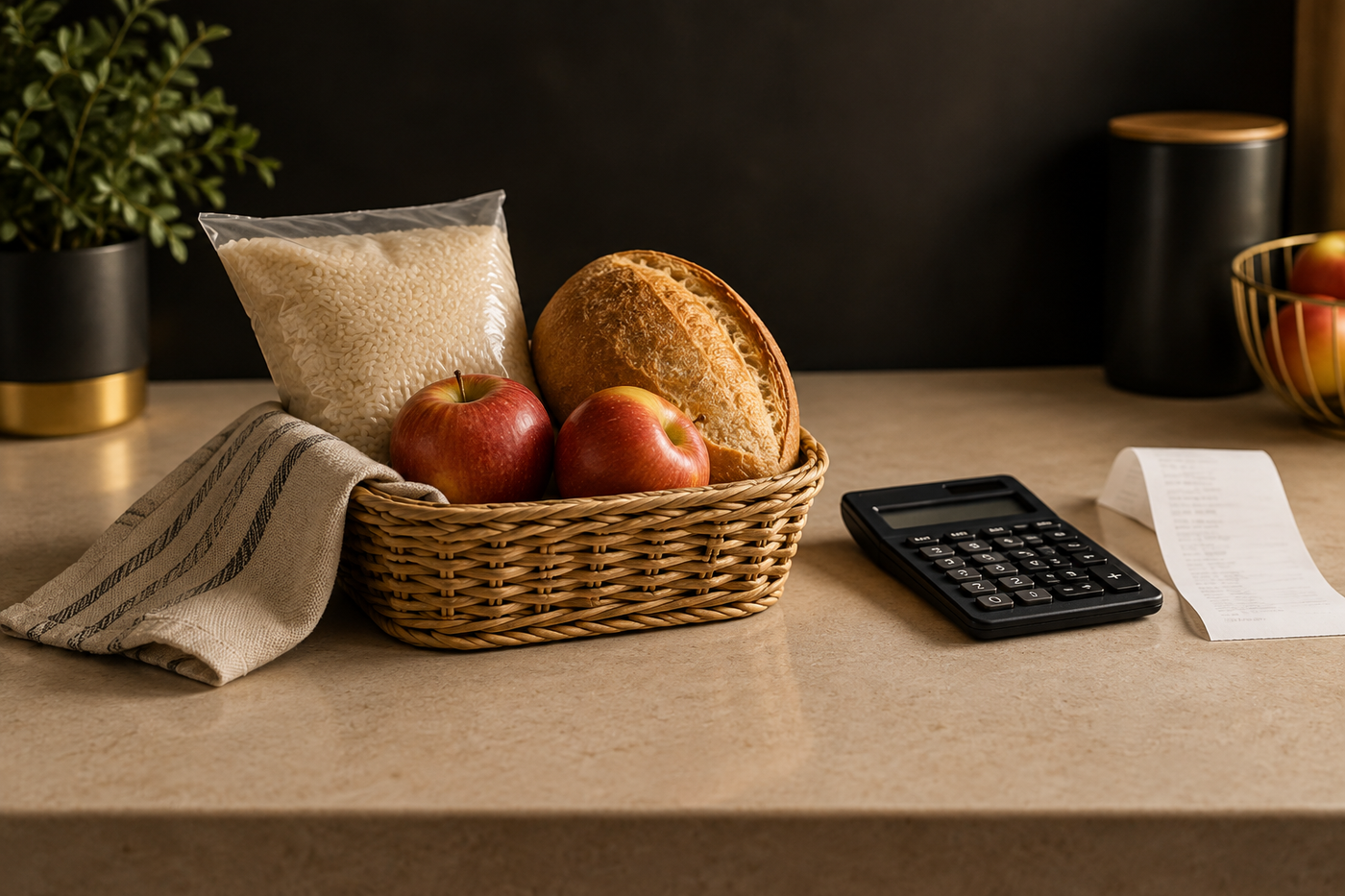 Cesta com arroz, pão e maçãs ao lado de calculadora e recibo, representando o orçamento doméstico.