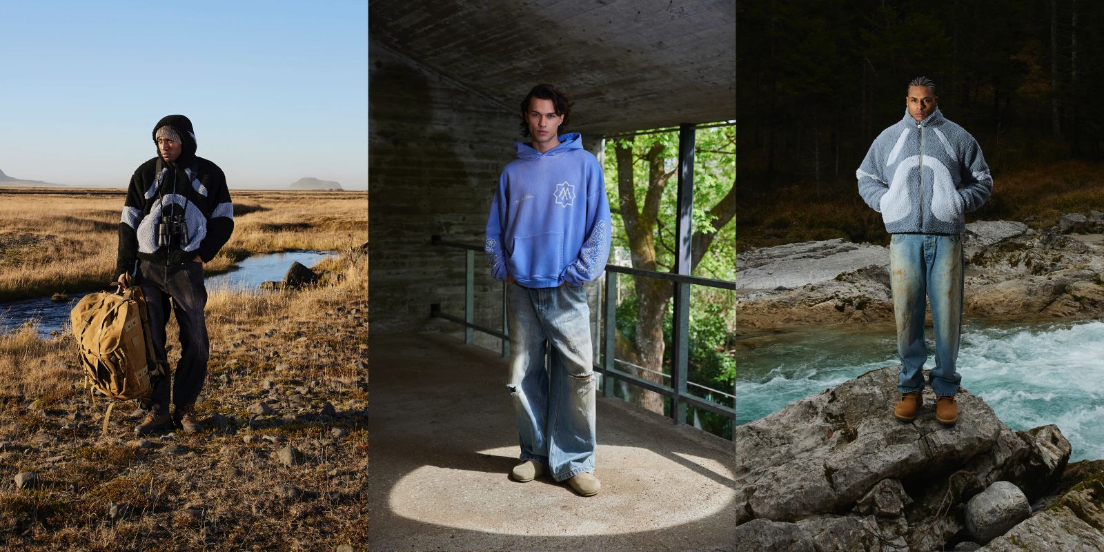 Drei Fashion-Fotografien zeigen jeweils einen jungen Mann vor urbanem und landschaftlichem Hintergrund