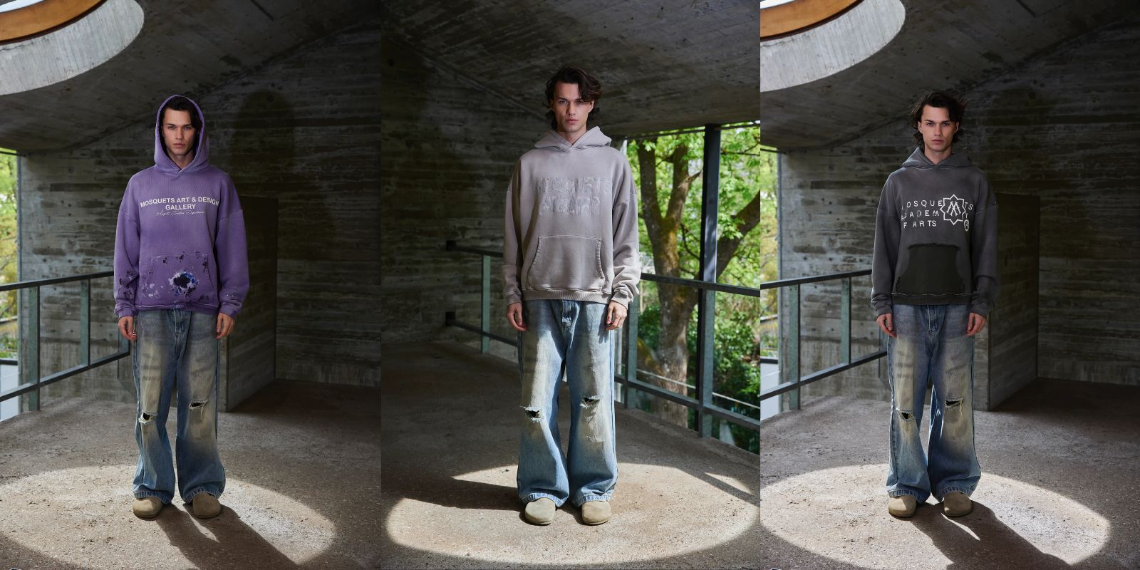 Drei Fashion-Fotografien zeigen jeweils einen jungen Mann vor urbanem Hintergrund