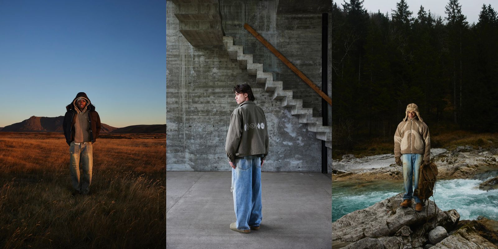 Drei Fashion-Fotografien zeigen jeweils einen jungen Mann vor urbanem und landschaftlichem Hintergrund