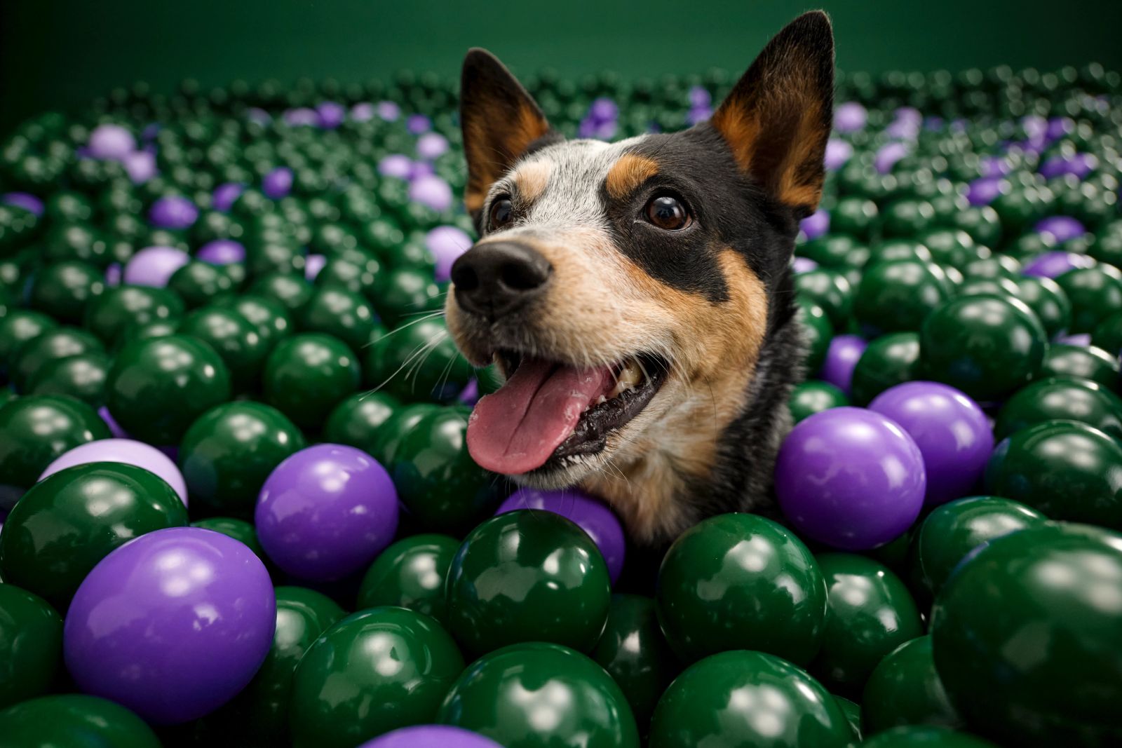 Cattle Dog lächelt in grün-violettem Bällebad