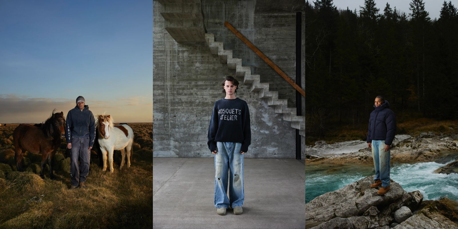 Drei Fashion-Fotografien zeigen jeweils einen jungen Mann vor urbanem und landschaftlichem Hintergrund