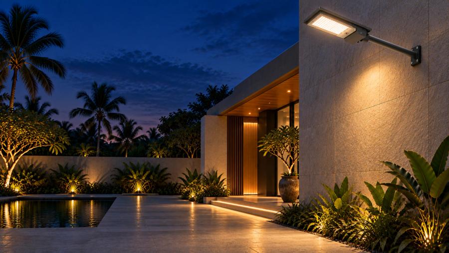 NOVAE solar floodlight illuminating a tropical Indonesian courtyard at night