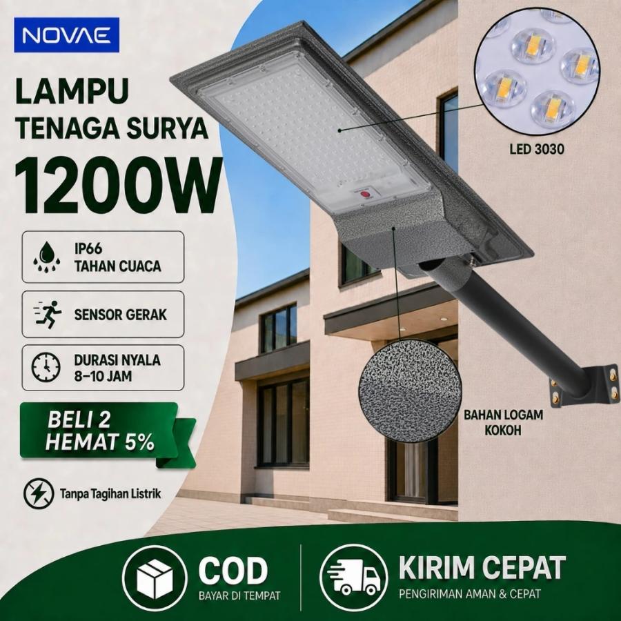 NOVAE 1200W Full Metal IP66 Solar LED Street Light, Helping to Save Electricity Costs, Light and Motion Sensor