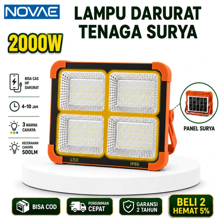 NOVAE 2000W Solar Emergency Light IP66, 3 Light Colors + SOS, USB Powerbank, Type-C Rechargeable for Power Outages and Camping