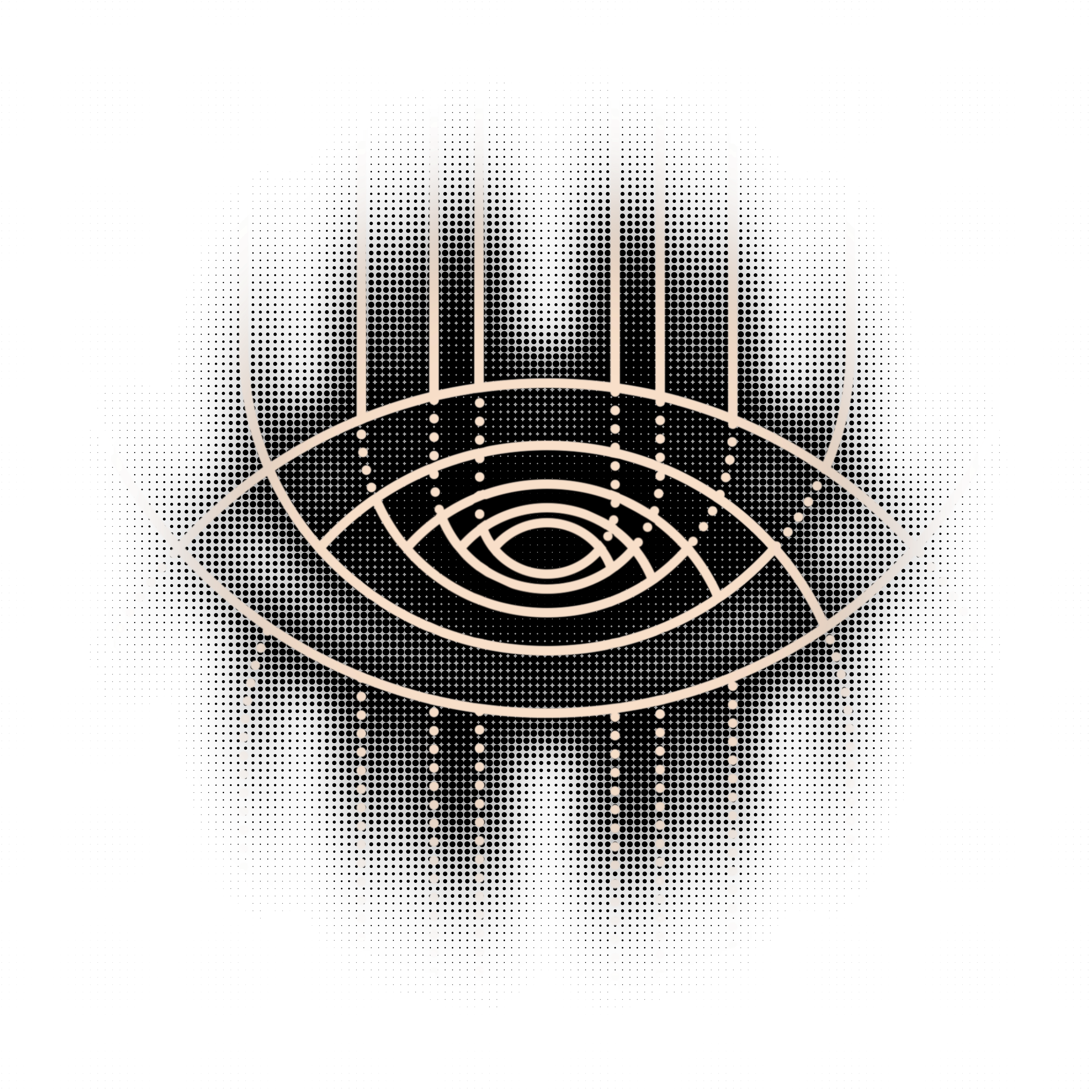 Stylized eye with concentric spiral patterns and vertical light beams