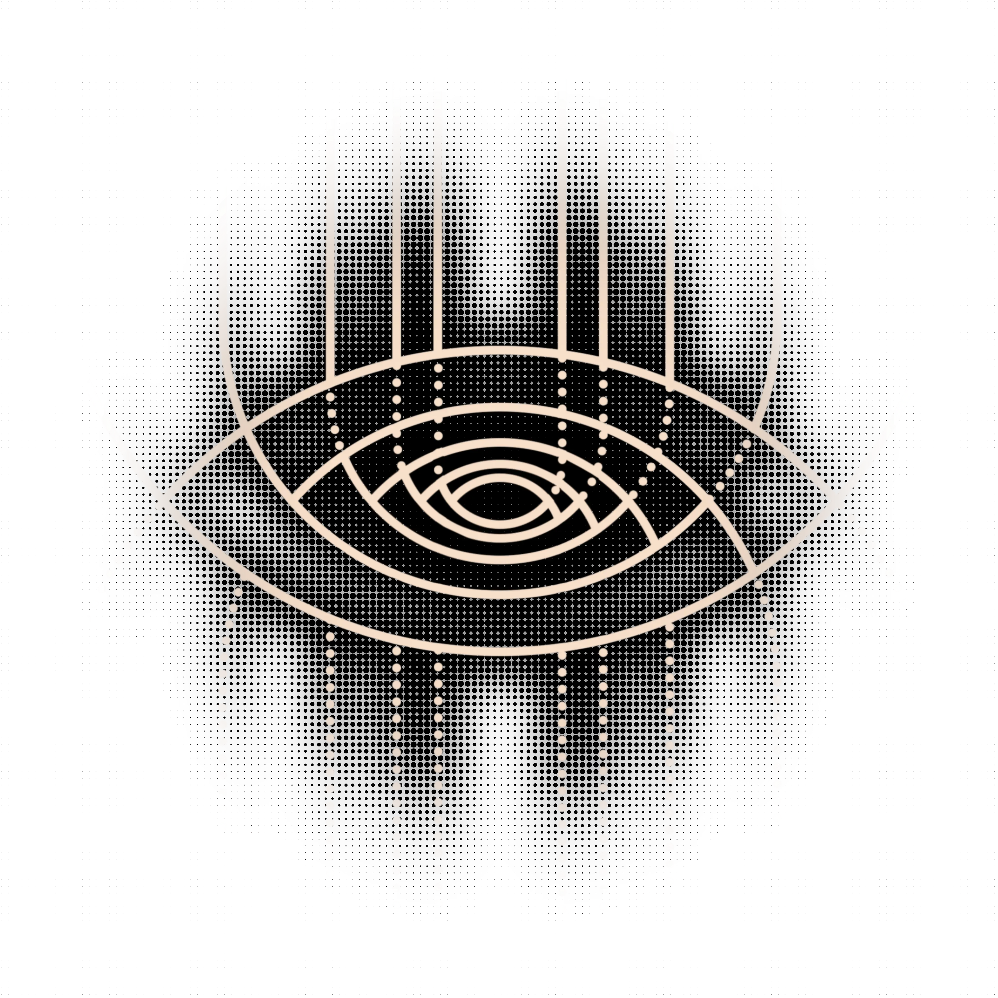 Stylized eye with concentric spiral patterns and vertical light beams