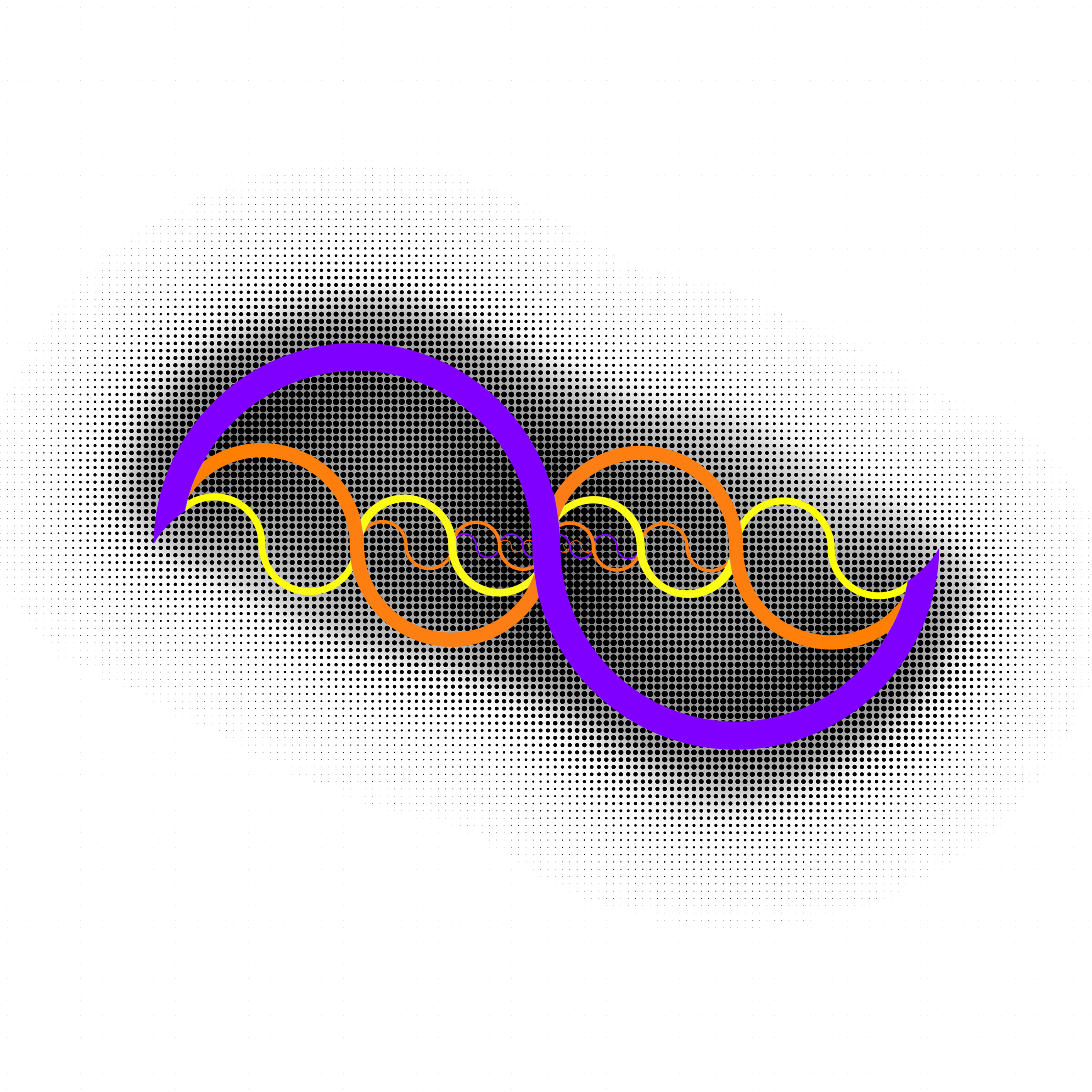 Two crescent moons with intertwining waves in vivid purple, orange, and yellow