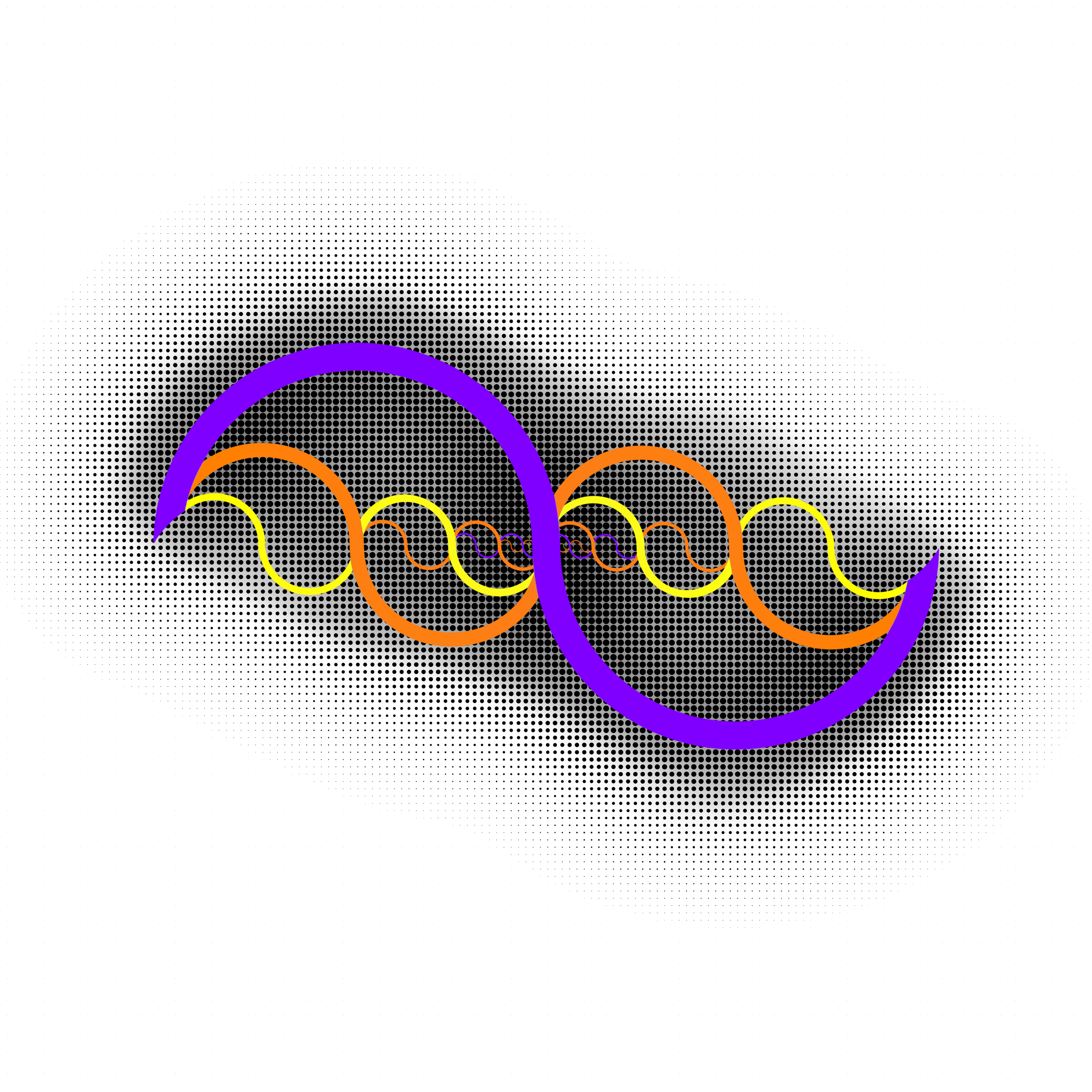 Two crescent moons with intertwining waves in vivid purple, orange, and yellow