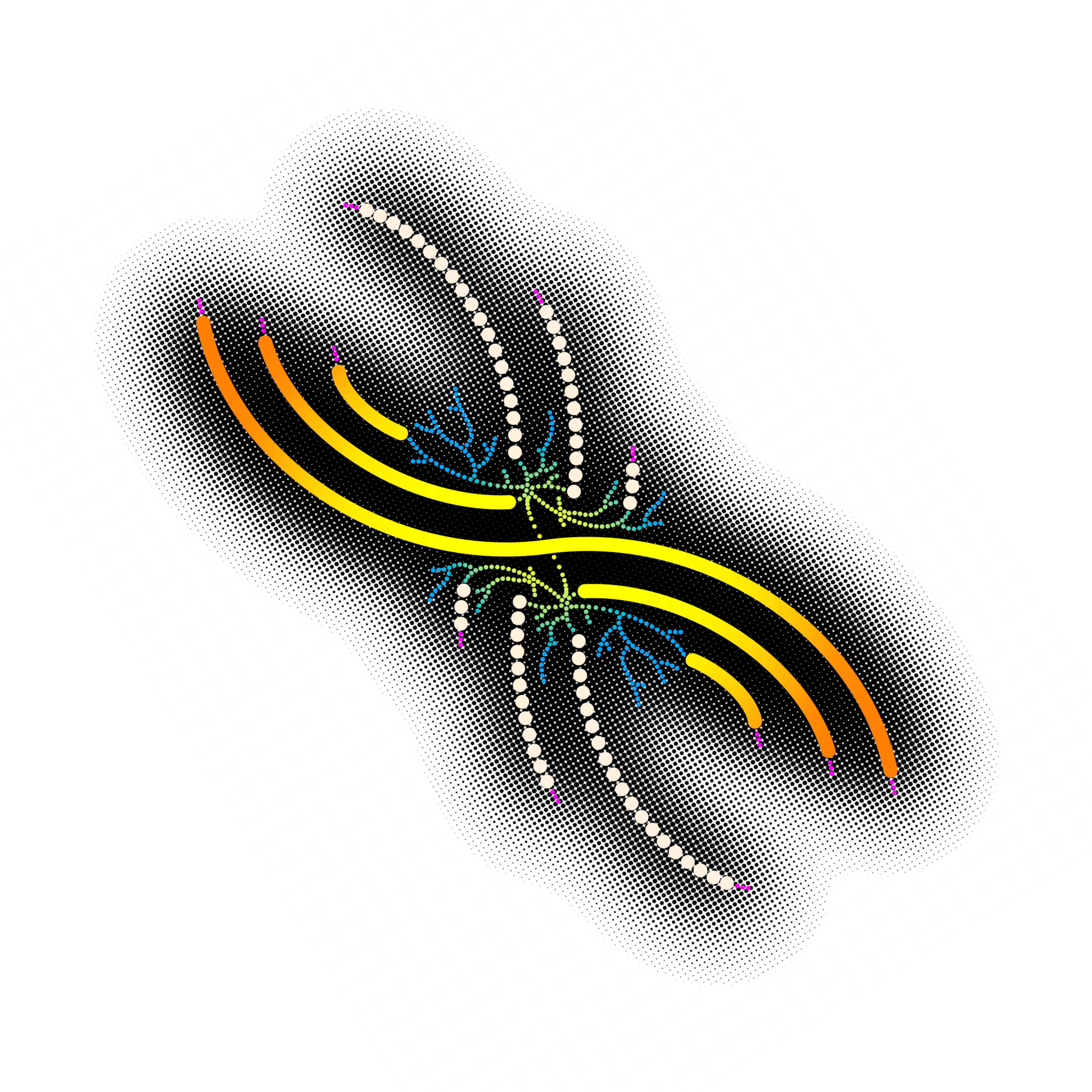 Abstract neural pattern with flowing golden waves and dotted lines crossing at a central point