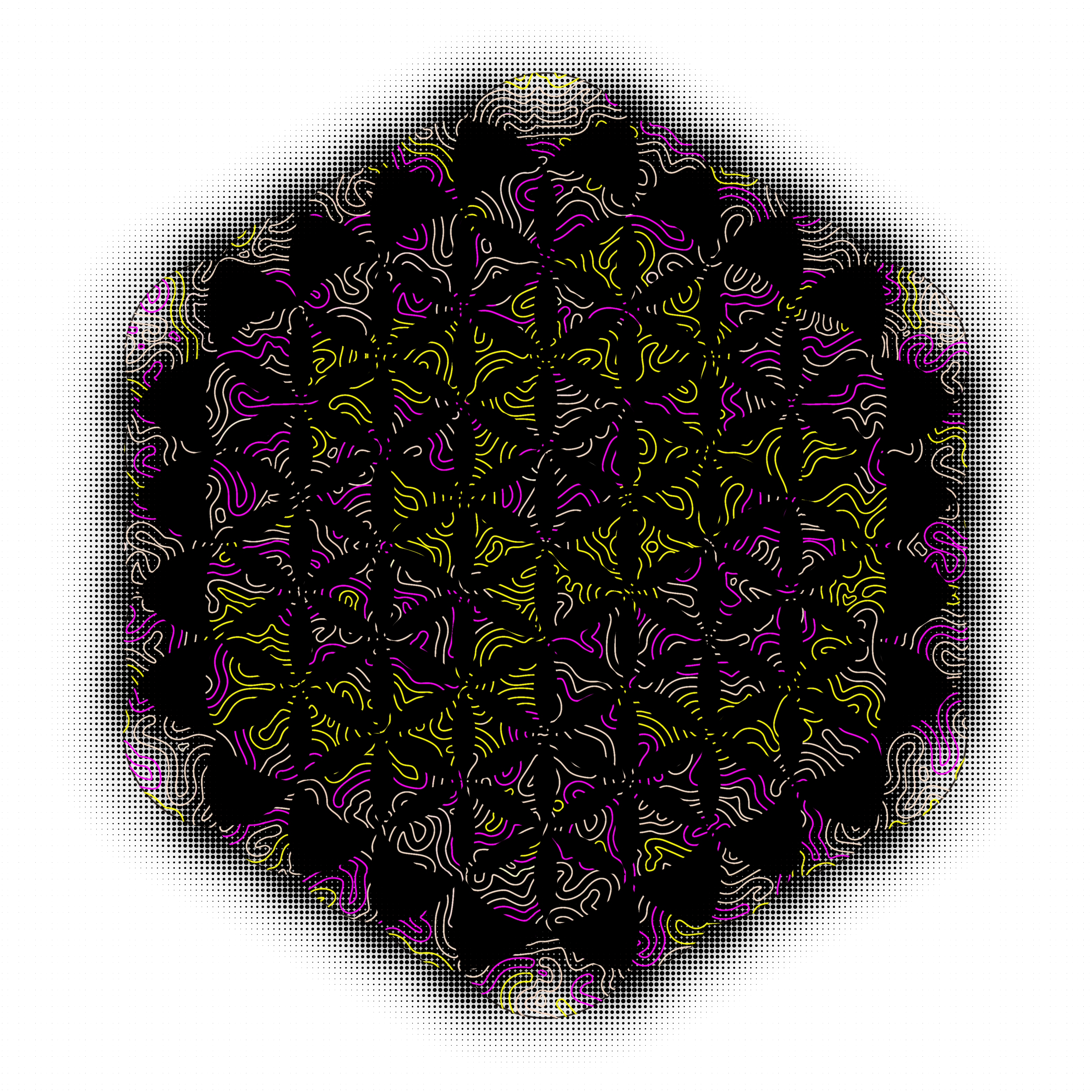 Flower of Life sacred geometry pattern in green and purple on a dark background