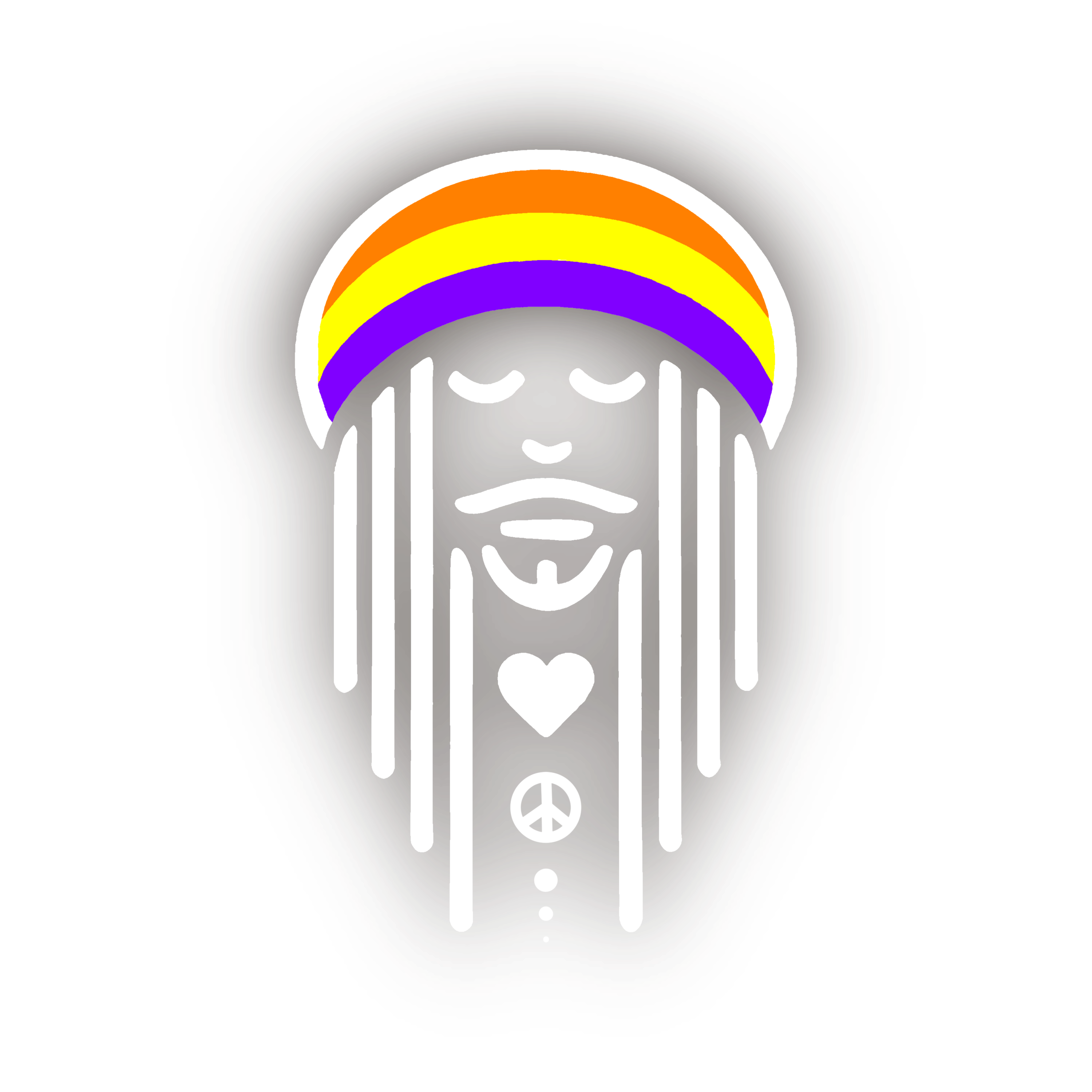Stylized figure with dreadlocks wearing a rainbow headband, with a heart and peace symbol