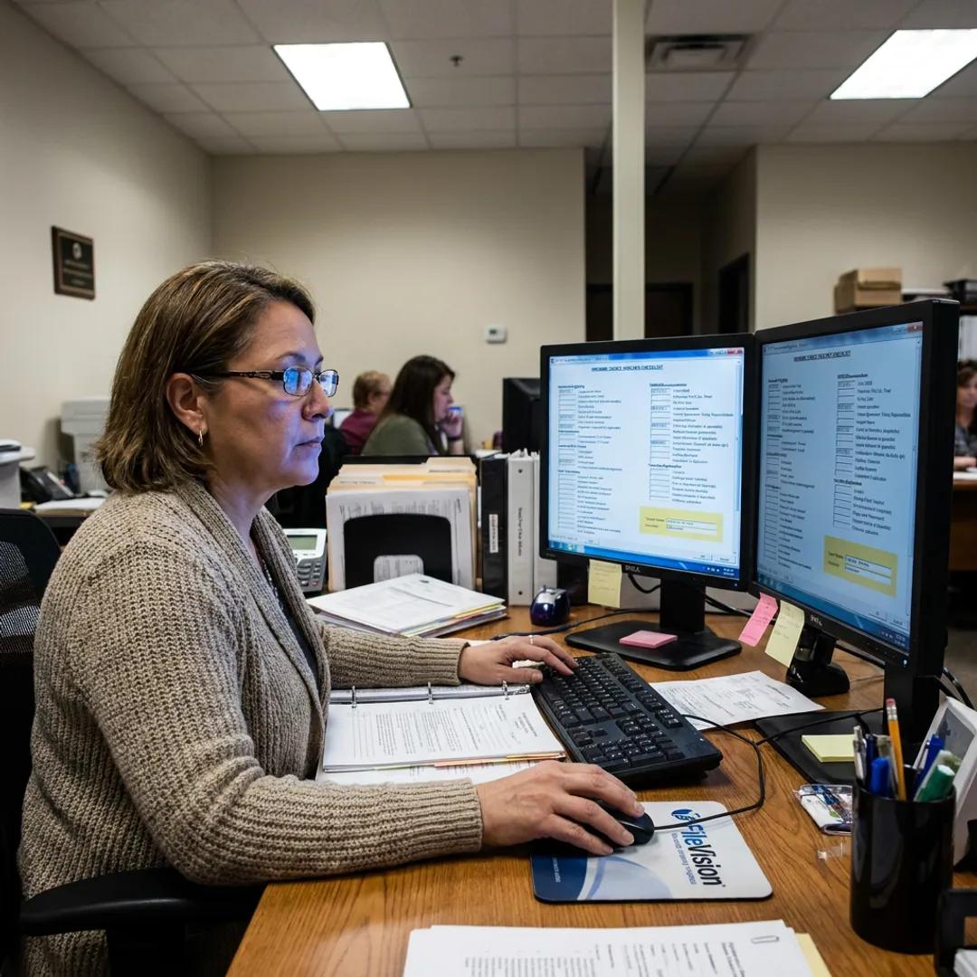 HCV specialist reviewing tenant checklists across two monitors with a FileVision workstation