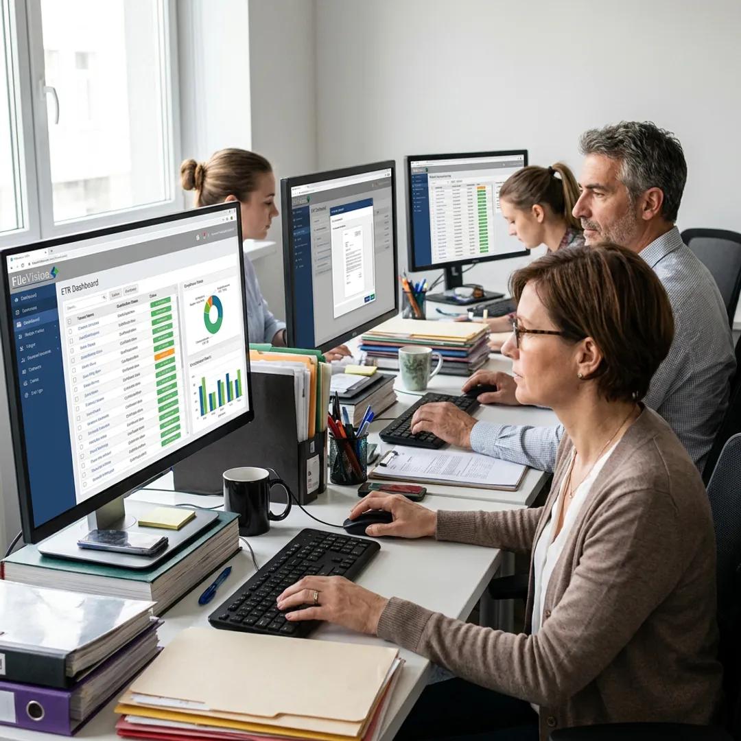 Team of four housing authority staff working simultaneously in the FileVision ETR dashboard