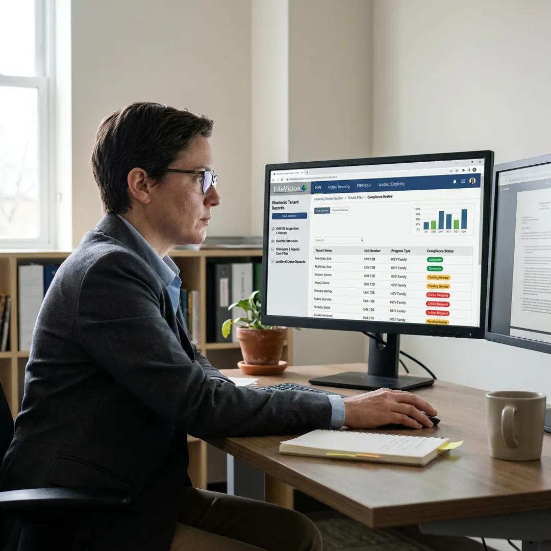 Compliance officer reviewing a permission-restricted HCV compliance dashboard in FileVision