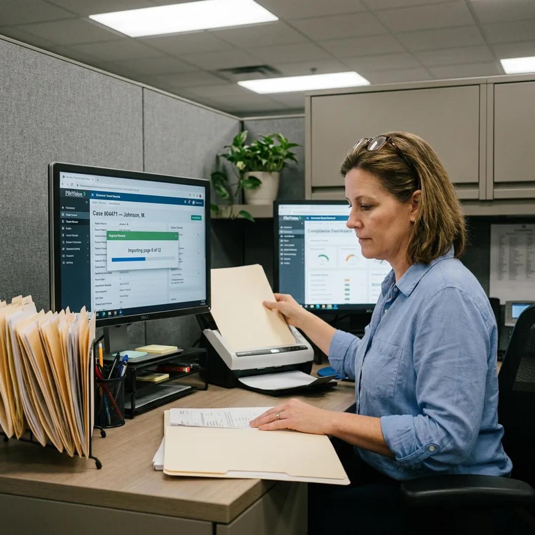 Records administrator scanning a paper file into the FileVision compliance dashboard