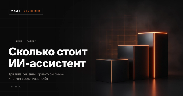 Три чёрных блока разной высоты с оранжевой подсветкой: три типа ИИ-ассистентов по стоимости