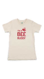 A cream t-shirt with "I'M A BEE BUDDY" and a red bee graphic.