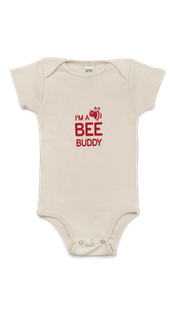 Baby onesie with "I'M A BEE BUDDY" and a red bee graphic.