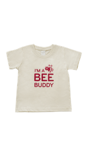 toddler t shirt with "I'M A BEE BUDDY" and a red bee graphic.