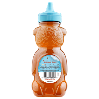 Back of 12 oz Northeast Busy Bee Raw Honey bear bottle