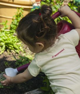A child in a "BEESPONSIBLE" shirt waters plants in a garden.