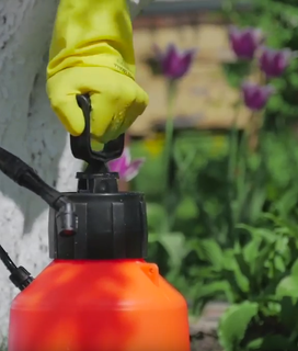 Close-up of a person wearing yellow gloves holding the handle of an orange garden sprayer, with flowers and greenery in the background.