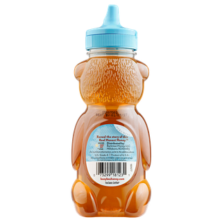 Back of 12 oz Midwest Busy Bee Raw Honey bear bottle