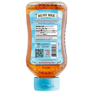 Back of 16 oz USA Busy Bee Raw Honey inverted bottle
