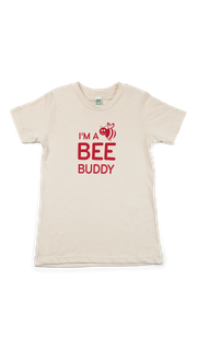 A cream t-shirt with "I'M A BEE BUDDY" and a red bee graphic.