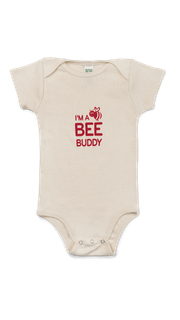 Baby onesie with "I'M A BEE BUDDY" and a red bee graphic.
