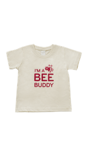 toddler t shirt with "I'M A BEE BUDDY" and a red bee graphic.