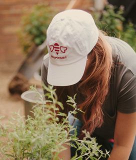 Woman wearing a Beesponsible hat plants flowers in a garden