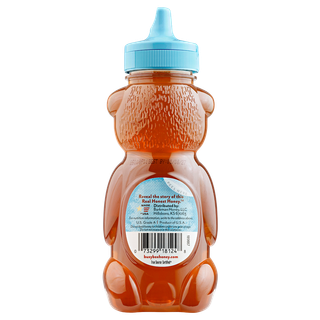 Back of 12 oz Great Lakes Busy Bee Raw Honey bear bottle