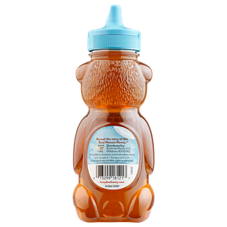 Back of 12 oz California Busy Bee Raw Honey bear bottle