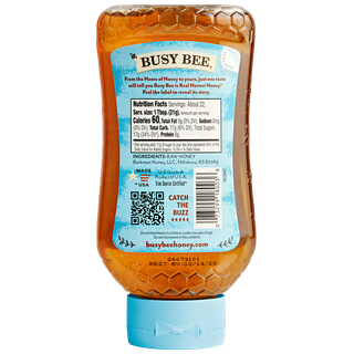 Back of 16 oz USA Busy Bee Raw Honey inverted bottle