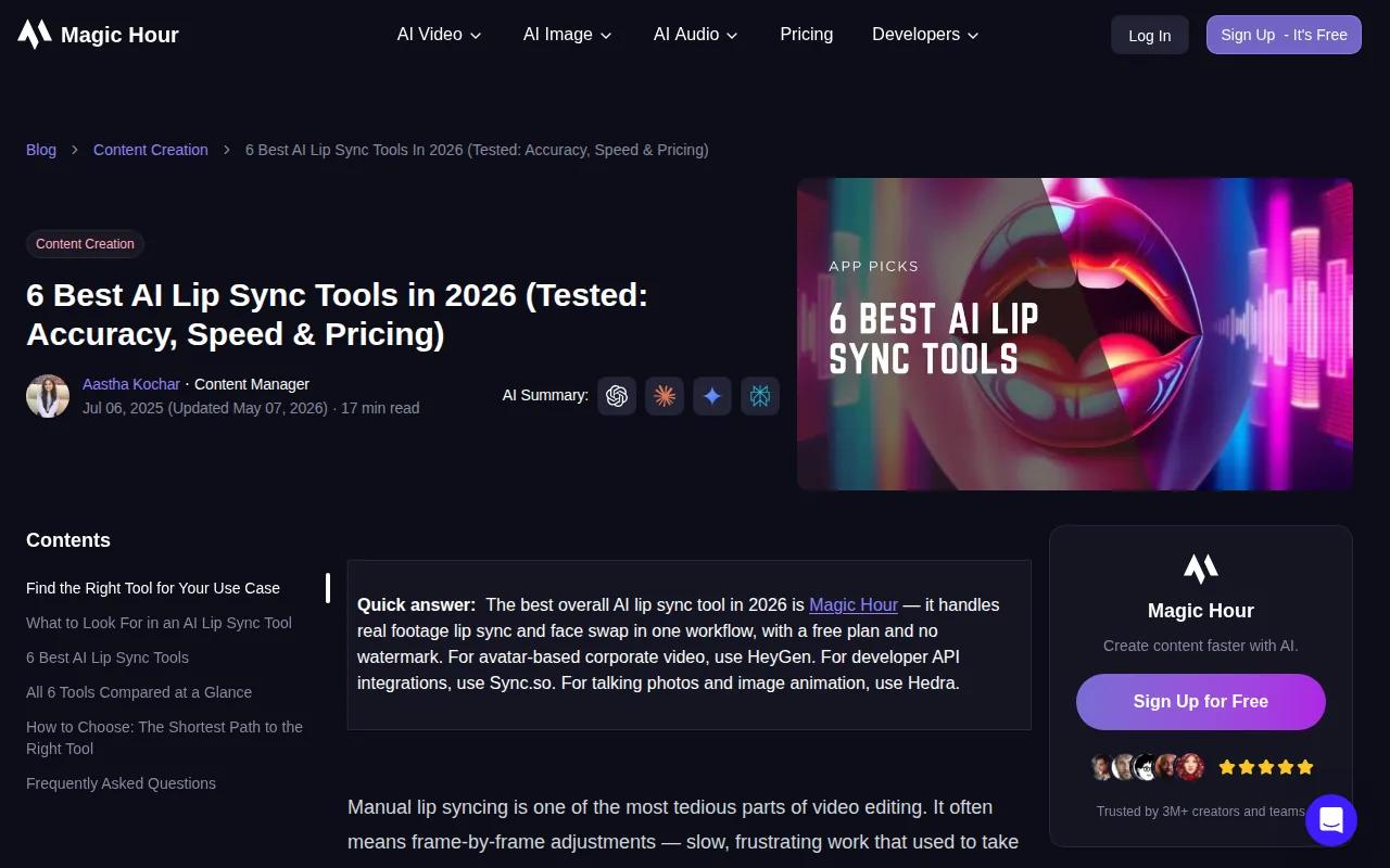 Screenshot of the Magic Hour website