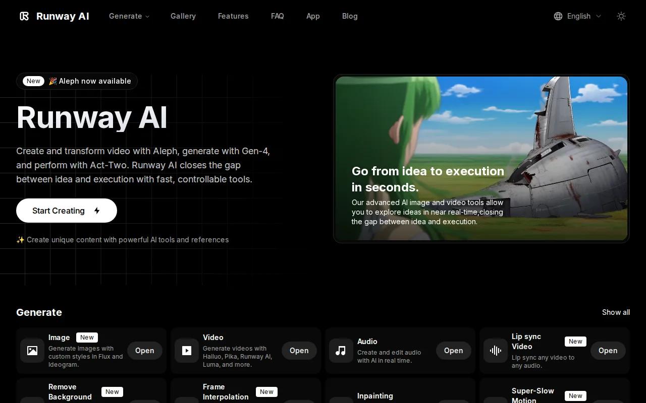 Screenshot of the Runway website