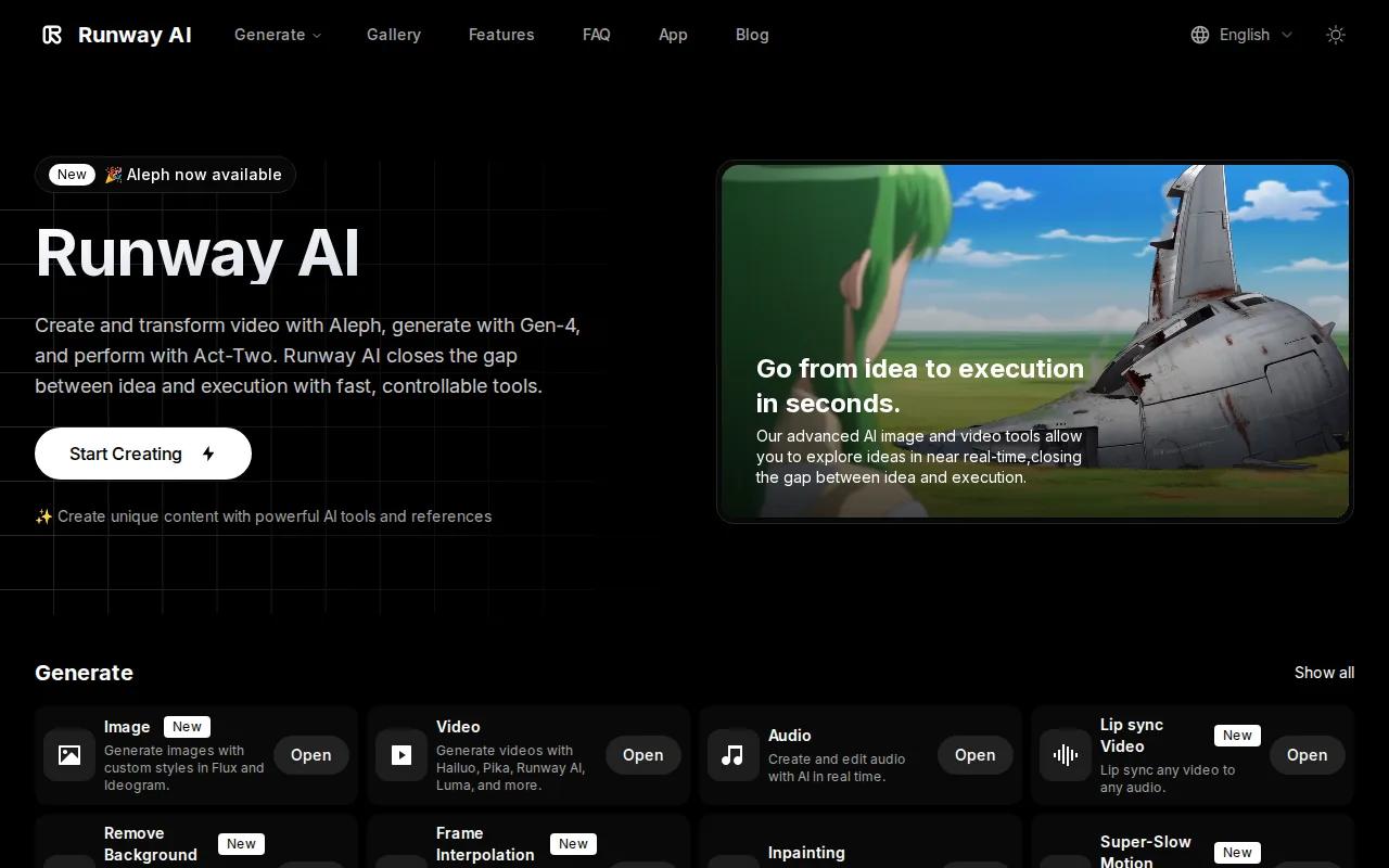 Screenshot of the Runway website