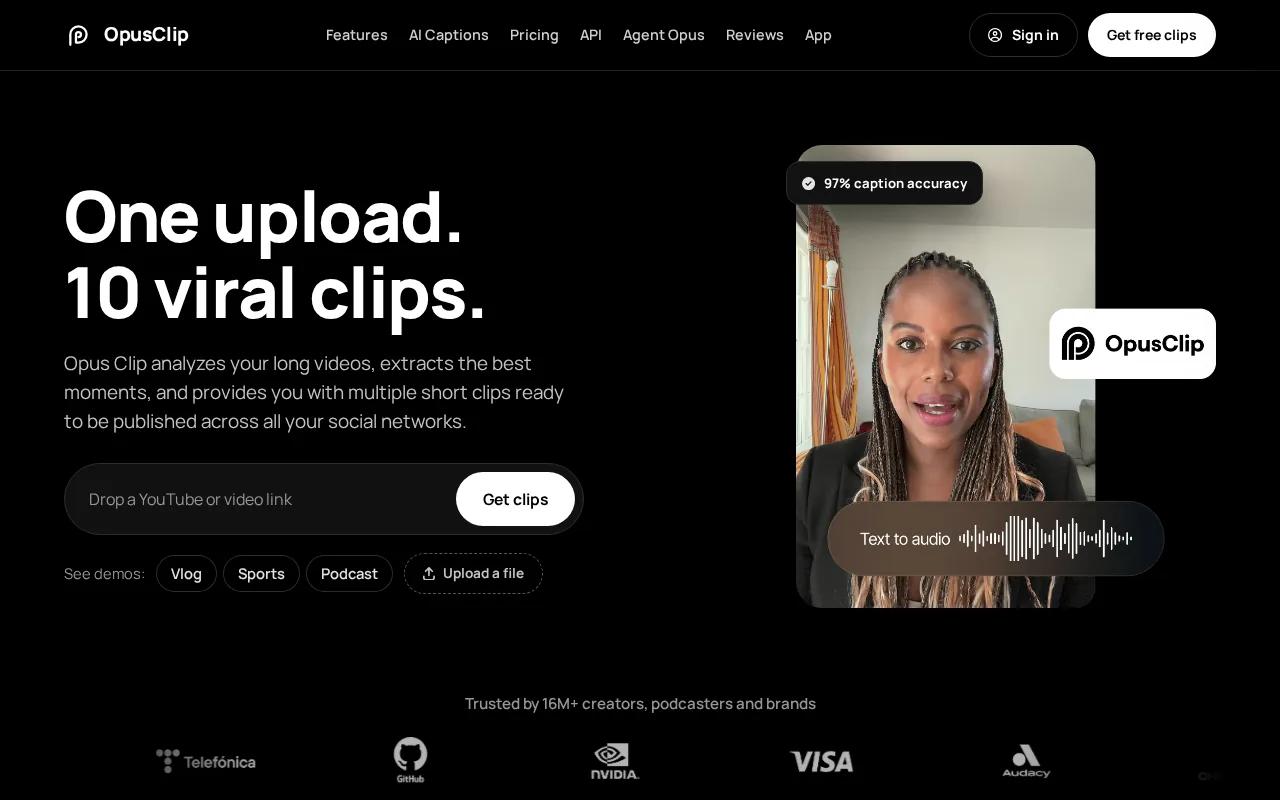 Screenshot of the Opus Clip website