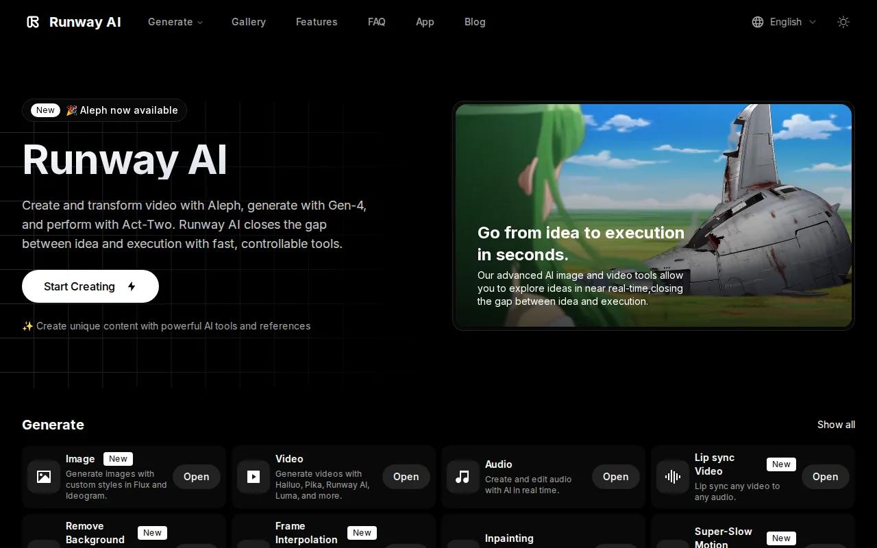 Screenshot of the Runway website