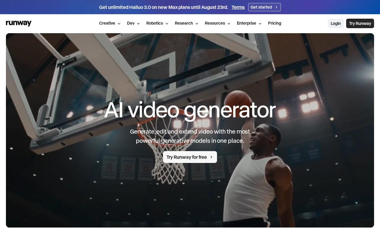 Screenshot of the Runway: Fast cinematic ads for social teams website