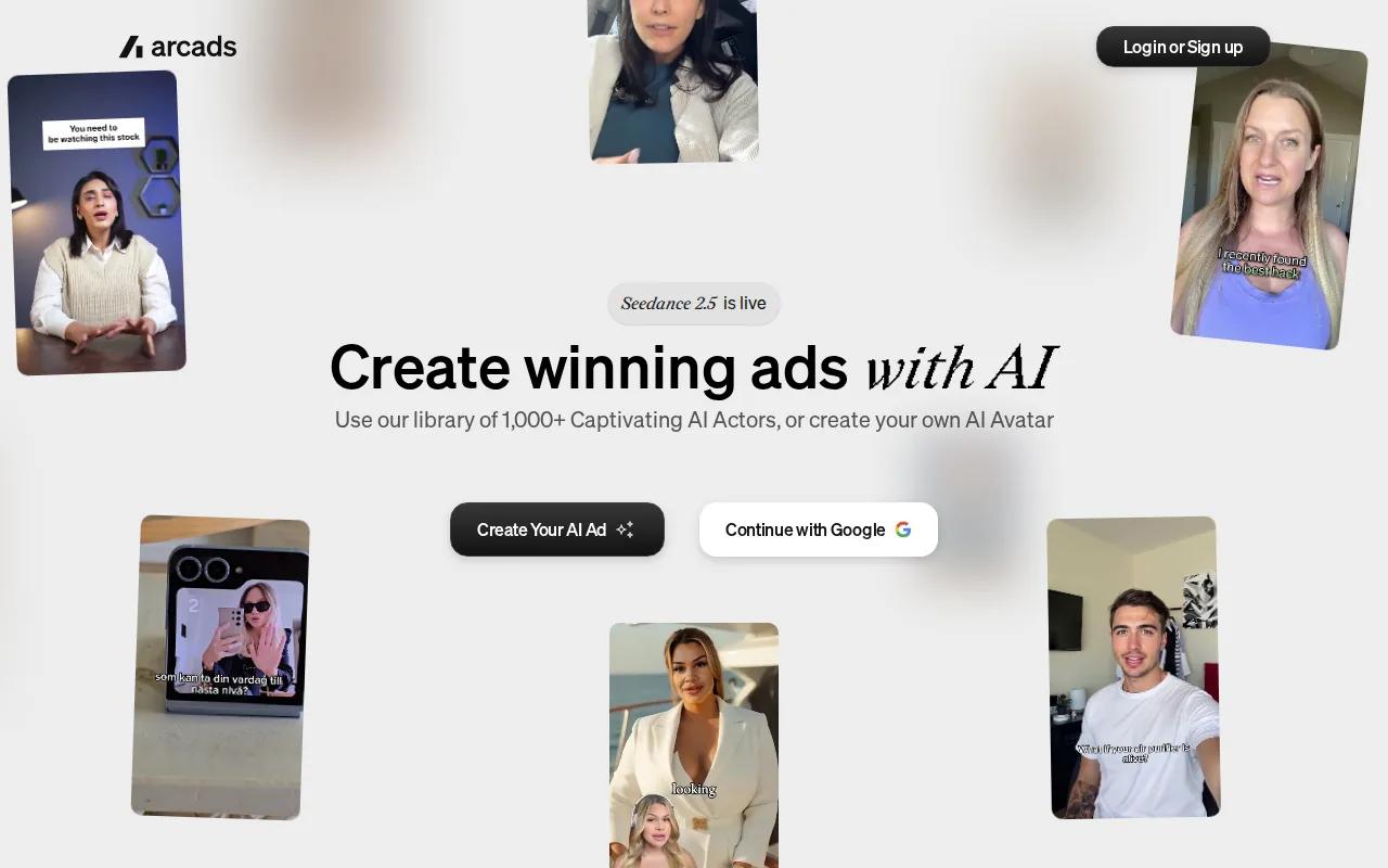 Screenshot of the Arcads: Multilingual avatar ads for global campaigns website