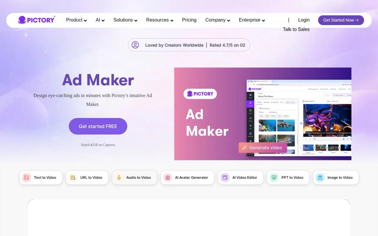 Screenshot of the Pictory website