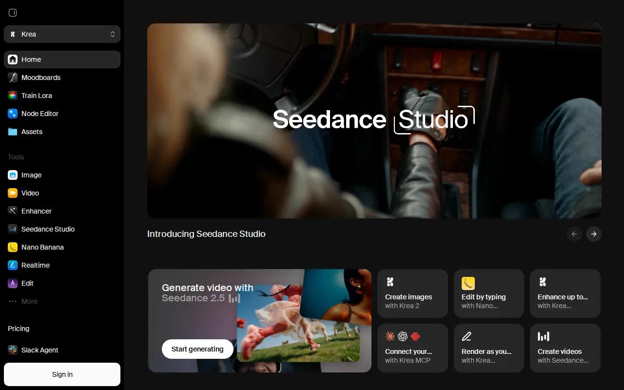 Screenshot of the Krea: A real-time multimodal creative suite website