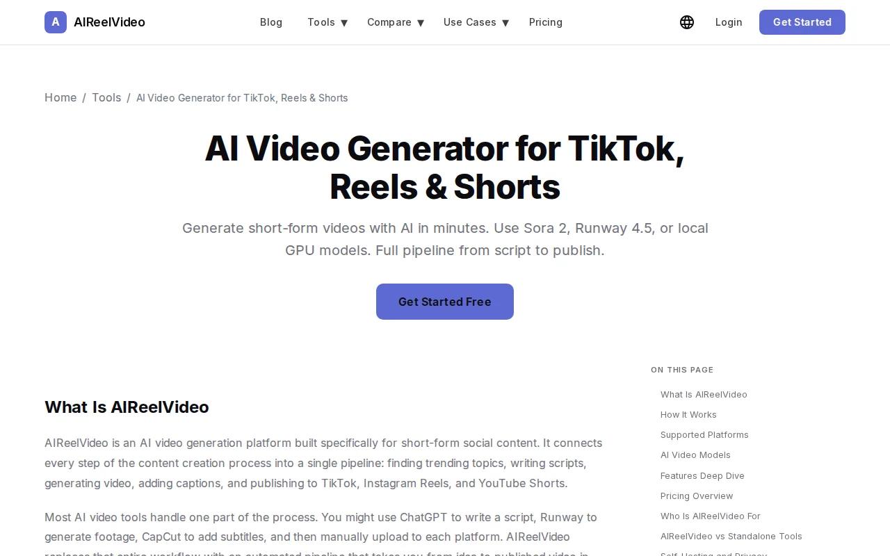 Screenshot of the AIReelVideo website