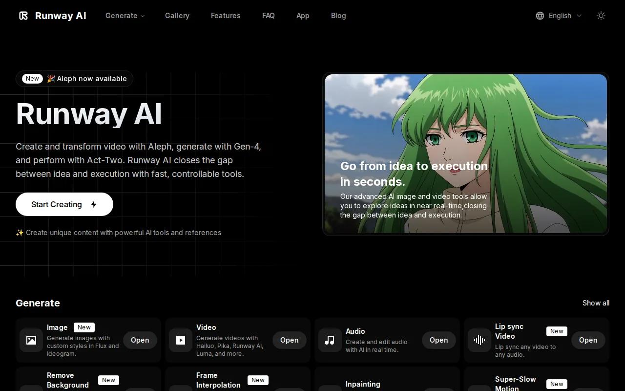 Screenshot of the Runway website